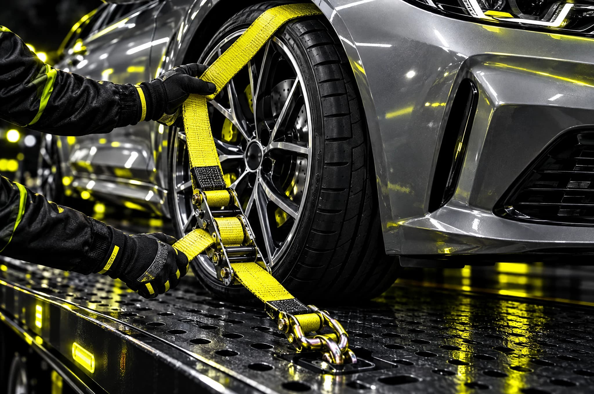 Wheel strap securing a car to a flatbed deck
