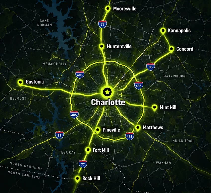 Advance Towing service area map: Charlotte and the I-485 loop, with Mooresville, Huntersville, Kannapolis, Concord, Gastonia, Mint Hill, Matthews, Pineville, Fort Mill and Rock Hill along I-77, I-85 and US-74.